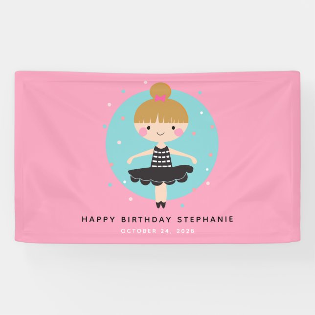Cute Ballerina in Black Dress Kids Birthday Party Banner (Horizontal)