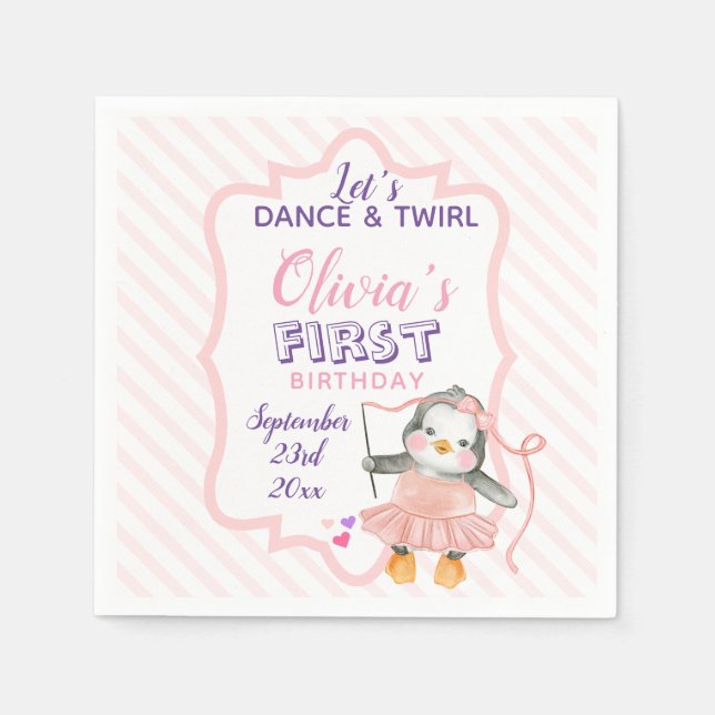 Cute Ballerina Penguin Pink 1st Birthday Party Nap Napkin (Front)