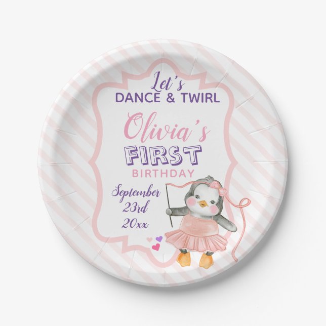 Cute Ballerina Penguin Pink 1st Birthday Party Pap Paper Plate (Front)