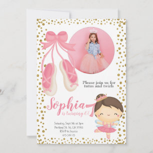 Cute Ballerina Pink Gold Glitter   Photo Birthday Invitation
