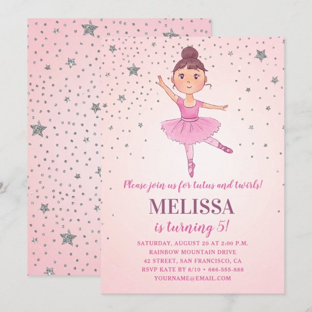 Cute Ballerina Pink Silver Stars | Girl Birthday Invitation (Front/Back)