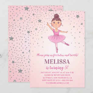 Cute Ballerina Pink Silver Stars   Girl Birthday Invitation