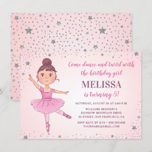 Cute Ballerina Pink Silver Stars Girl Birthday Invitation