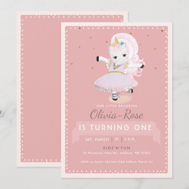 Cute Ballerina Unicorn Dusty Pink Girl Birthday Invitation (Front/Back)