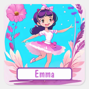 Cute Ballerina With Customisable Nametag Square Sticker