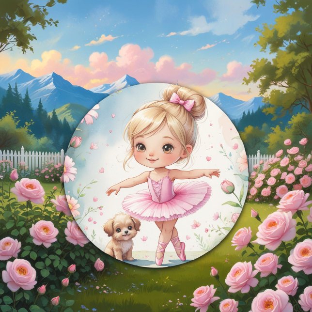 Cute Ballerina with Puppy Watercolor  Classic Round Sticker (Creator Uploaded)