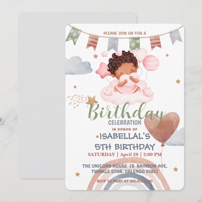 Cute Balloon African american girls Birthday party Invitation (Front/Back)