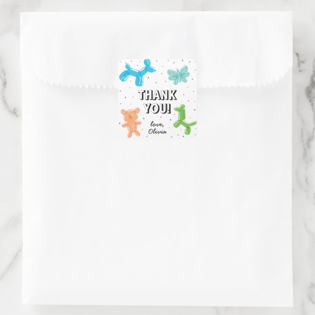 Cute Balloon Animals Birthday Party Thank You Square Sticker (Bag)