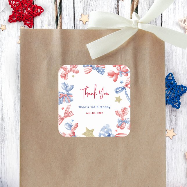 Cute Balloon Bow 4th of July 1st Birthday Party Square Sticker (Creator Uploaded)