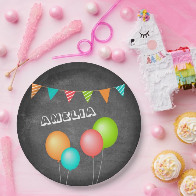 Cute Balloon Bunting Flag Chalkboard Kid Birthday Paper Plate (Party)