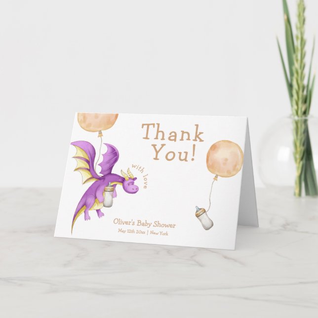 Cute Balloon Fairy Dragon Bottle Baby Shower  Thank You Card (Front)