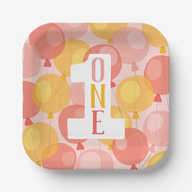 Cute Balloon First Birthday Paper Plates (Front)