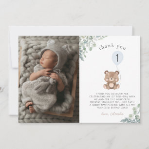 Cute Balloon Greenery Teddy Bear First Birthday Thank You Card
