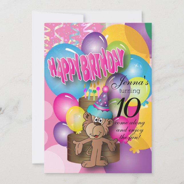 Cute Balloon Monkey Pink Birthday Invitation (Front)