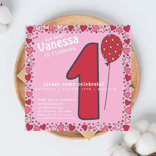 Cute Balloon - Pink Kids 1st Birthday Invitation