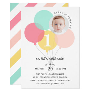 Cute Balloons Modern First 1st Photo Birthday Invitation