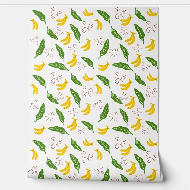 Cute Banana & Green Leaf Pattern Wallpaper  (Unrolling)
