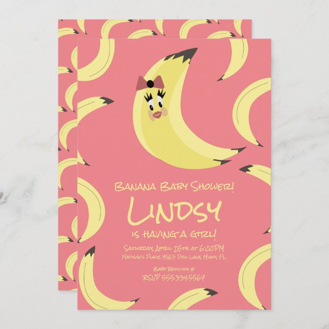 Cute Banana Pink Girls Baby Shower Invitation (Front/Back)
