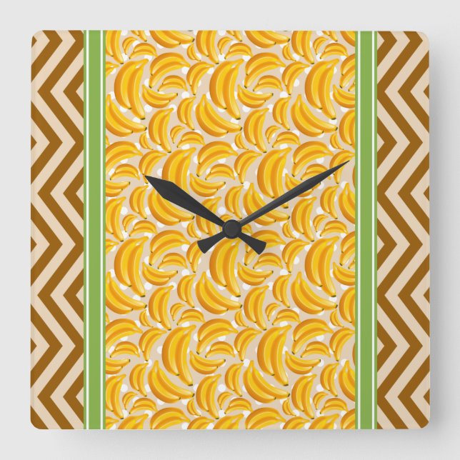 Cute Banana Polka Dot & Chevron Yellow Square Wall Clock (Front)