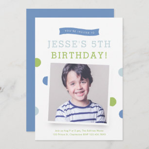 Cute Banner Polk a Dot Boys photo birthday party Invitation