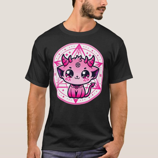 Cute Baphomet Satanic Cat and Artistic Gothic Kawa T-Shirt (Front)
