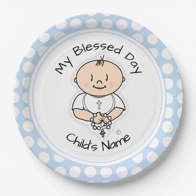 Cute Baptism 9" Plate - Baby Boy with Rosary (Front)