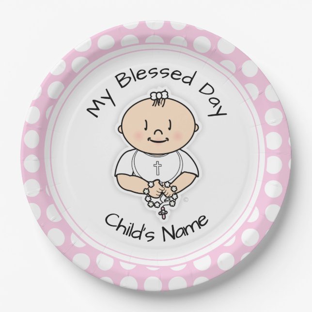 Cute Baptism 9" Plate - Baby Girl with Rosary (Front)