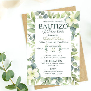 Cute Baptism and First Birthday Green Leaves Invitation