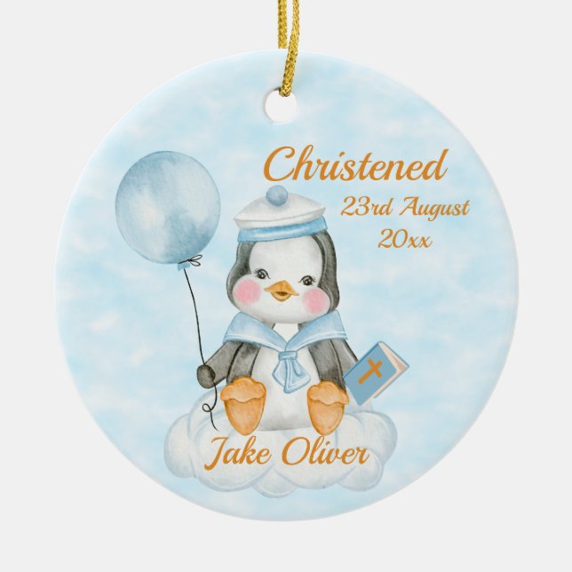 Cute Baptism Baby Boy Penguin Blue  Ceramic Ornament (Front)