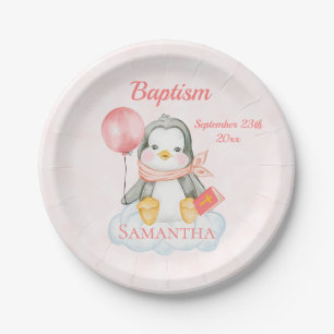 Cute Baptism Watercolor Baby Penguin Pink Paper Plate