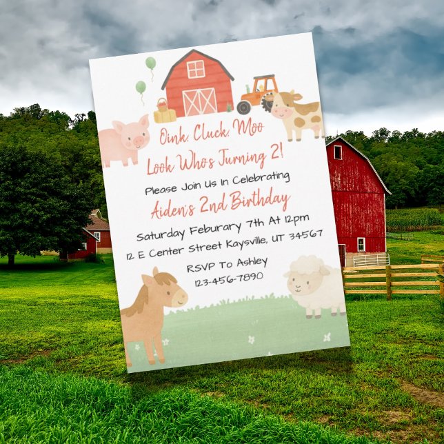 Cute Barnyard Animal 2nd Birthday Invite  (Farm-themed second birthday invitation design with barn, animals, and playful farm elements.)