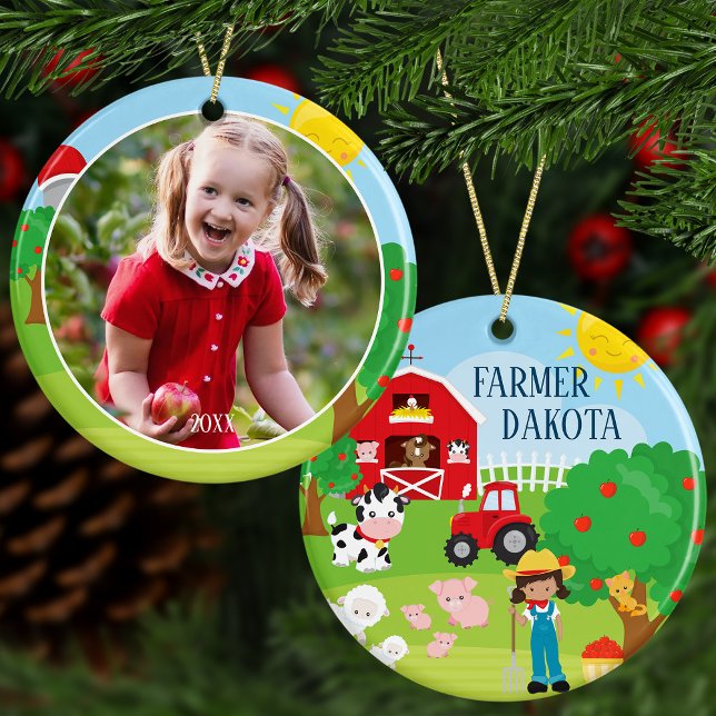 Cute Barnyard Animals, Farmer Girl Photo Christmas Ceramic Ornament (Creator Uploaded)