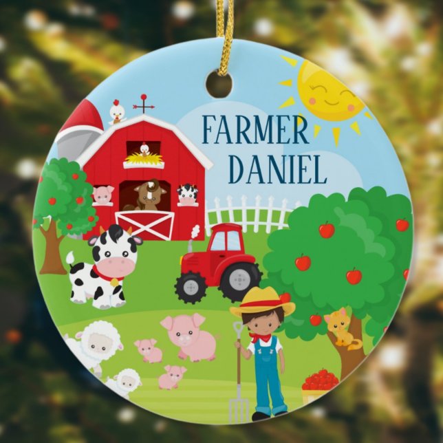 Cute Barnyard Animals, Farmer, Tractor Christmas Ceramic Ornament (Creator Uploaded)