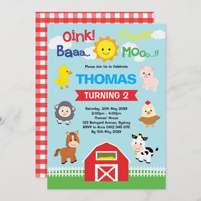 Cute Barnyard Birthday Petting Farm Animals Party Invitation (Front/Back)