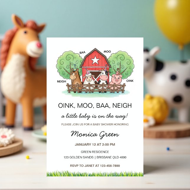 Cute Barnyard Farm Animal Baby Shower  Invitation (Farm Animal Baby Shower Invitation – Cute Barnyard Baby Shower Invite, Gender Neutral)