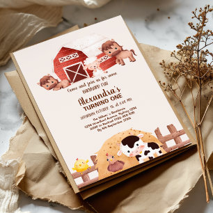 Cute Barnyard Farm Animals 1st Birthday Invitation