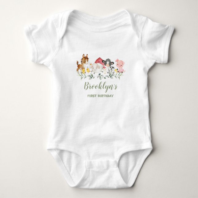 Cute Barnyard Farm Animals 1st Birthday Outfit Baby Bodysuit (Front)