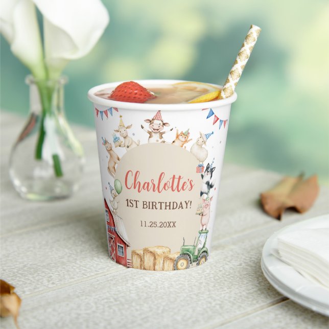 Cute Barnyard Farm Animals 1st Birthday Paper Cups (Insitu)