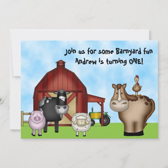 Cute Barnyard Farm Animals 1st Birthday Party Invitation (Front)
