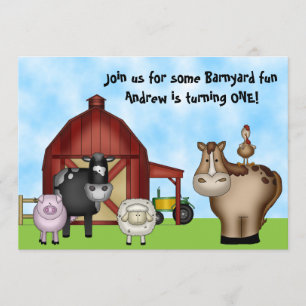 Cute Barnyard Farm Animals 1st Birthday Party Invitation