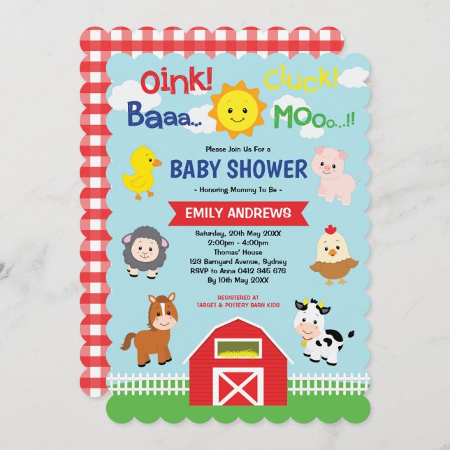 Cute Barnyard Farm Animals Baby Shower Invitation (Front/Back)