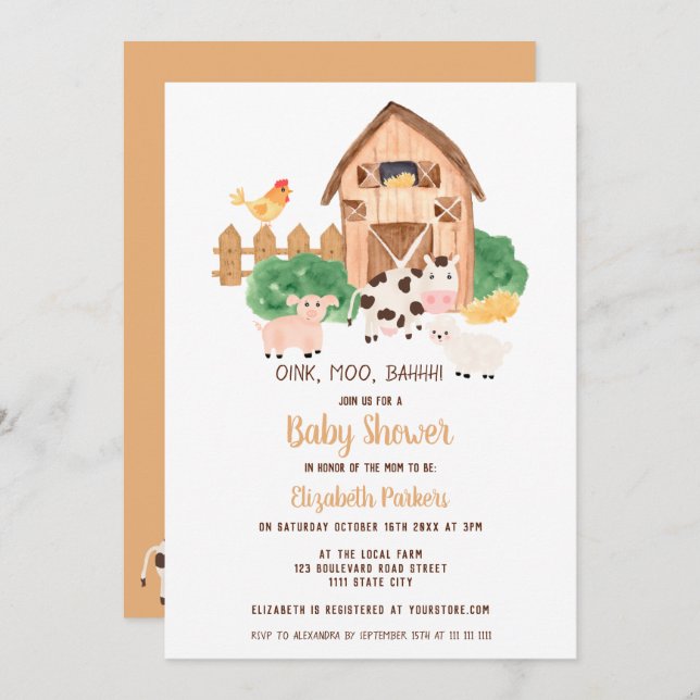 Cute barnyard farm animals neutral baby shower invitation (Front/Back)