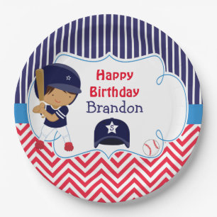 Cute Baseball African American Boy Birthday Party Paper Plate