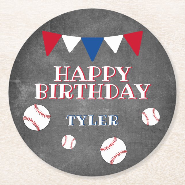 Cute Baseball Balls Chalkboard Kids Birthday Party Round Paper Coaster (Front)