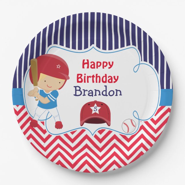 Cute Baseball Blonde Hair Boy Birthday Party Paper Plate (Front)