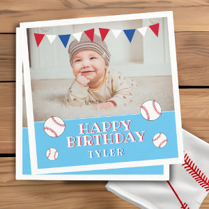 Cute Baseball Blue Kids Photo Birthday Party Napkin