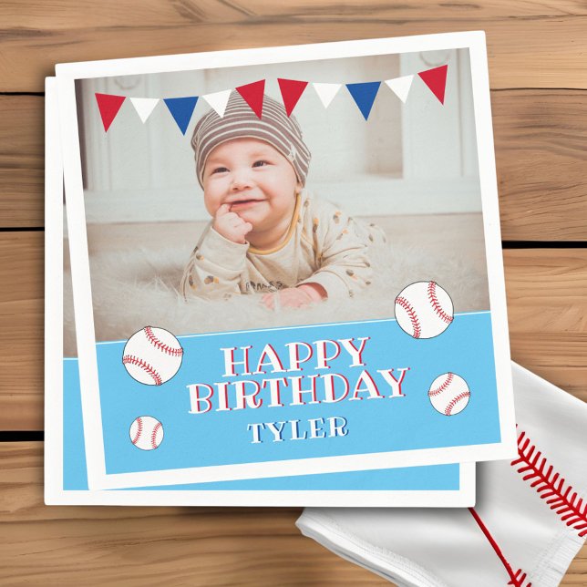Cute Baseball Blue Kids Photo Birthday Party Napkin (Creator Uploaded)