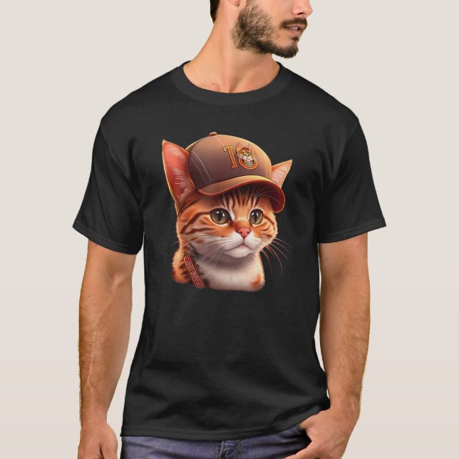 Cute Baseball Cap Wearing Cat T-Shirt (Front)