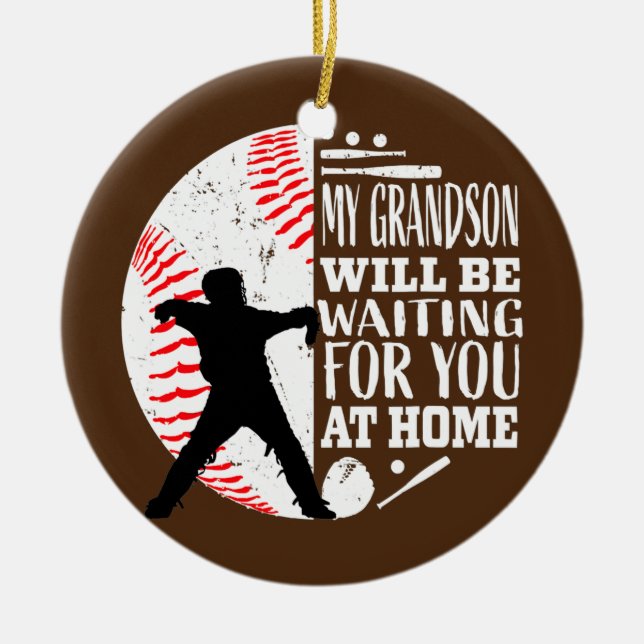 Cute Baseball Catcher Grandma Grandpa Grandson Ceramic Ornament (Front)