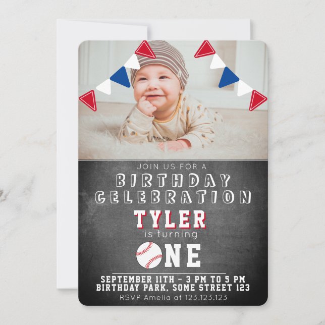 Cute Baseball Chalkboard Kids Photo 1st Birthday Invitation (Front)